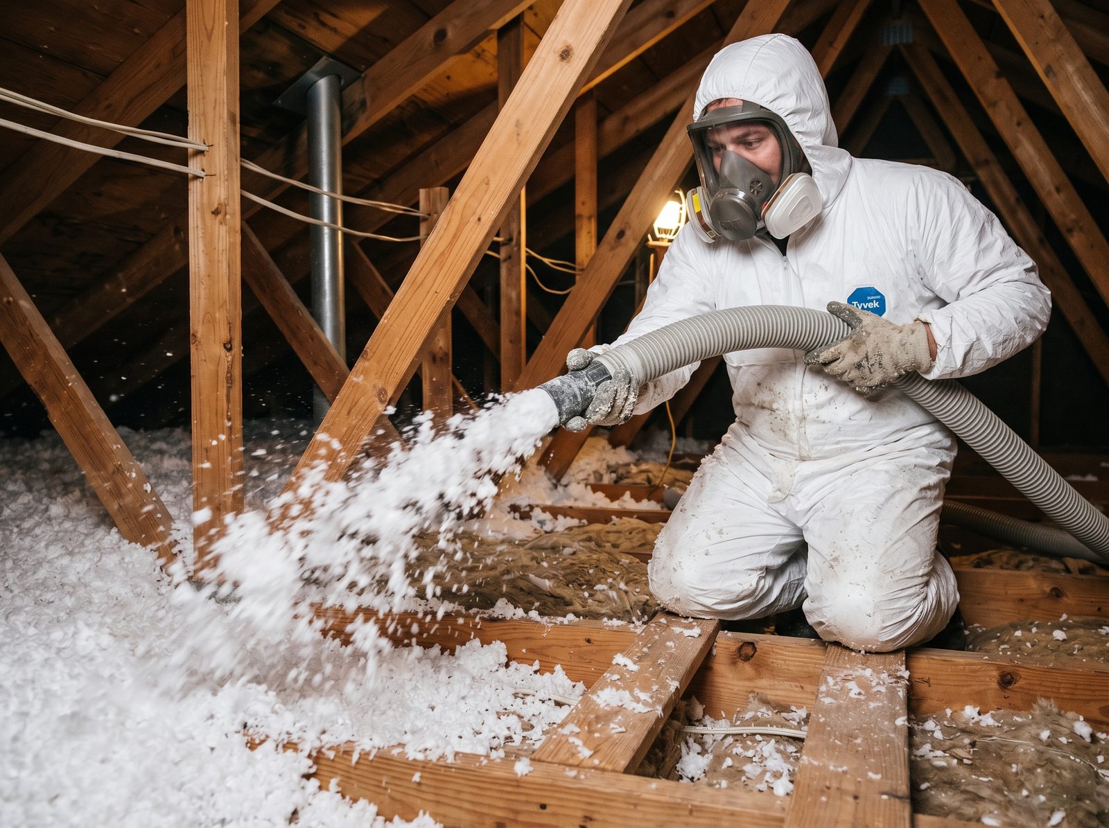 Professional insulation installer blowing insulation in an attic